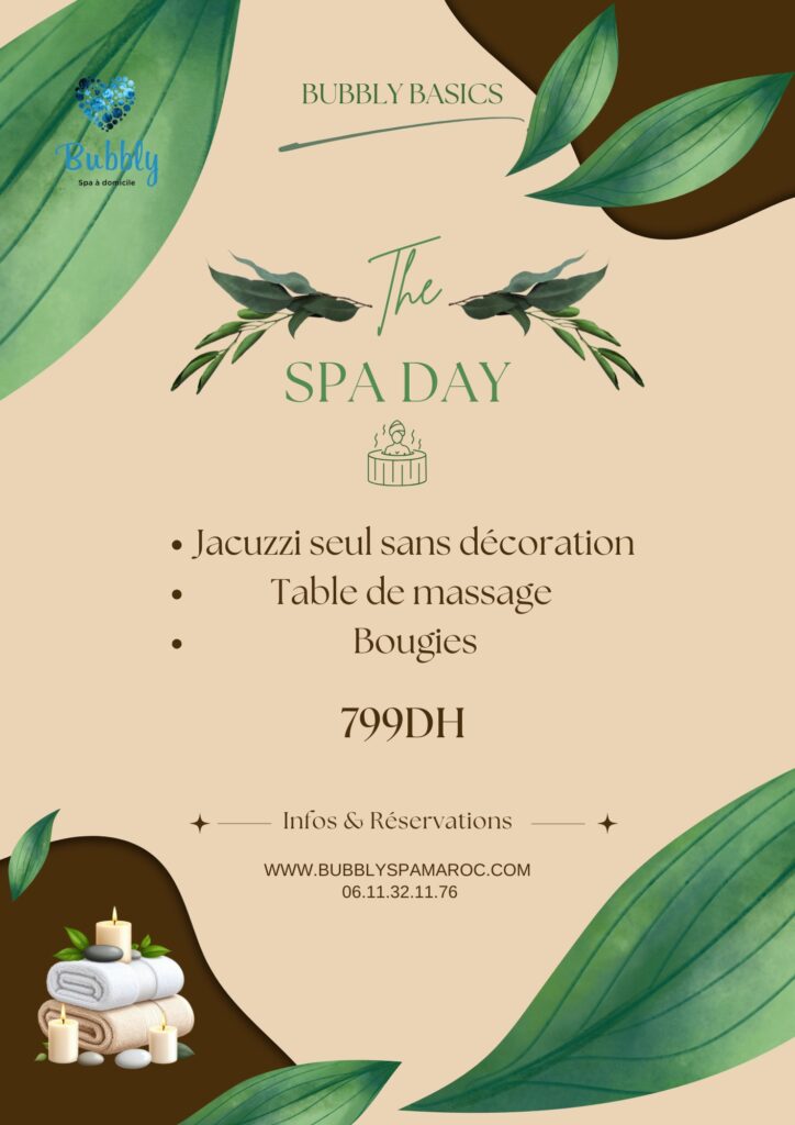 Offre Spa Day Bubbly – jacuzzi à domicile au Maroc avec table de massage et bougies