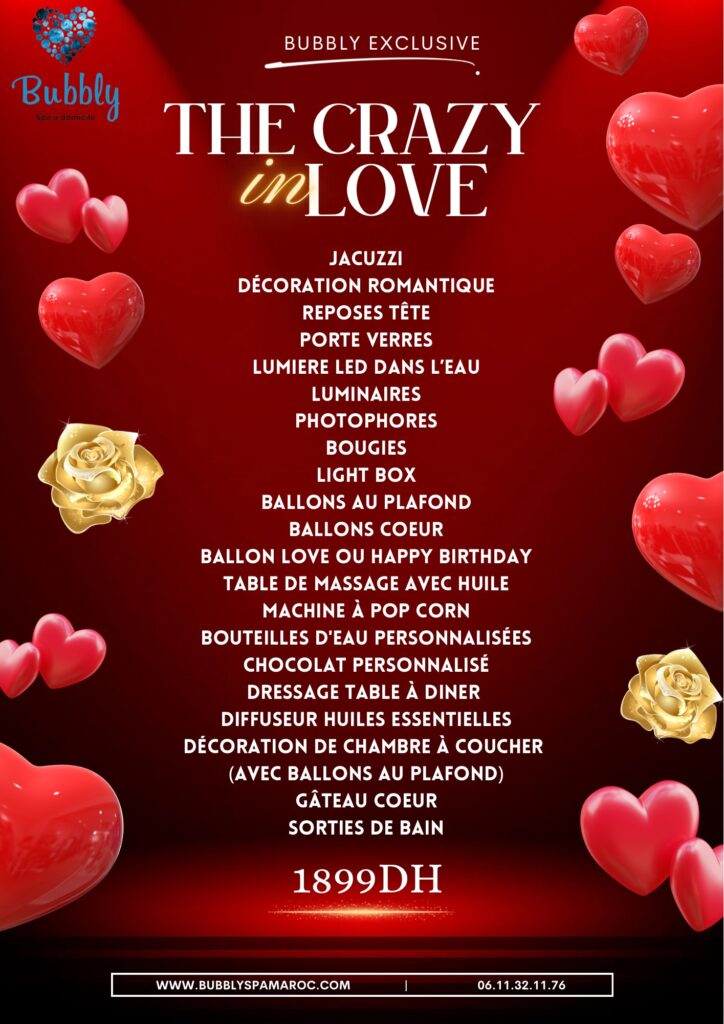 Formule Crazy in Love Bubbly – jacuzzi romantique à domicile avec décoration prémium, table de massage, lumières, ballons, chocolat personnalisé et ambiance romantique pour couple au Maroc