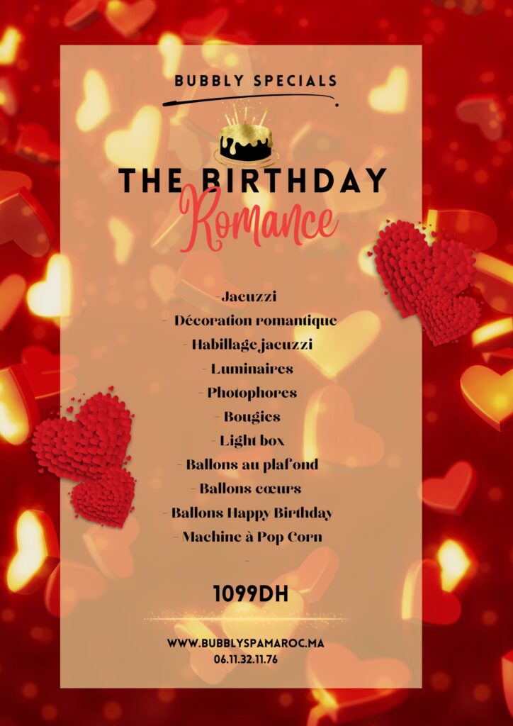 Formule Birthday Romance Bubbly – jacuzzi à domicile avec décoration romantique, ballons, lumière et ambiance pour anniversaire au Maroc