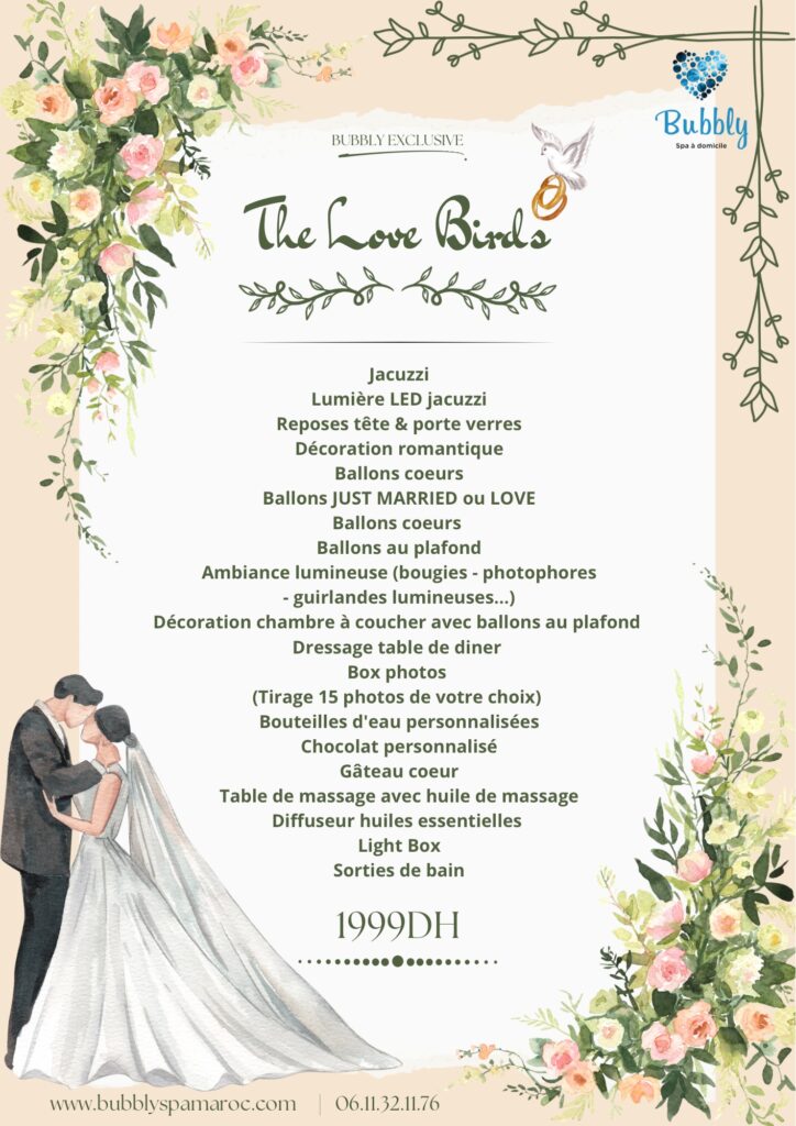 Formule Love Birds Bubbly – jacuzzi romantique spécial mariage à domicile avec décoration élégante, ballons Just Married, photos imprimées, massage et ambiance lumineuse au Maroc